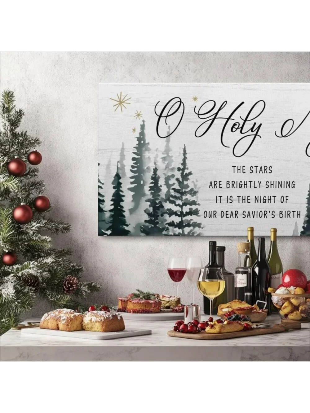 Rustic O Holy Night Wall Art - Large 40x20 Christmas Canvas Decor, Jesus Sign